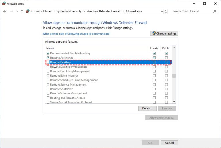 allow remote desktop through firewall