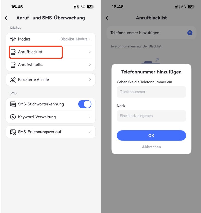 Telefonnummern zur Blacklist hinzufügen