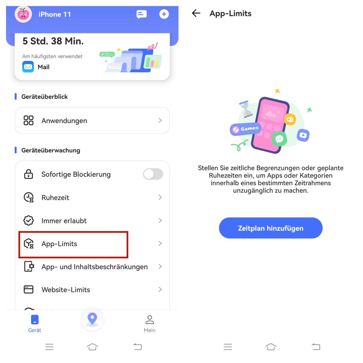 Zeitplan für App-Limits auf iPhone hinzufügen