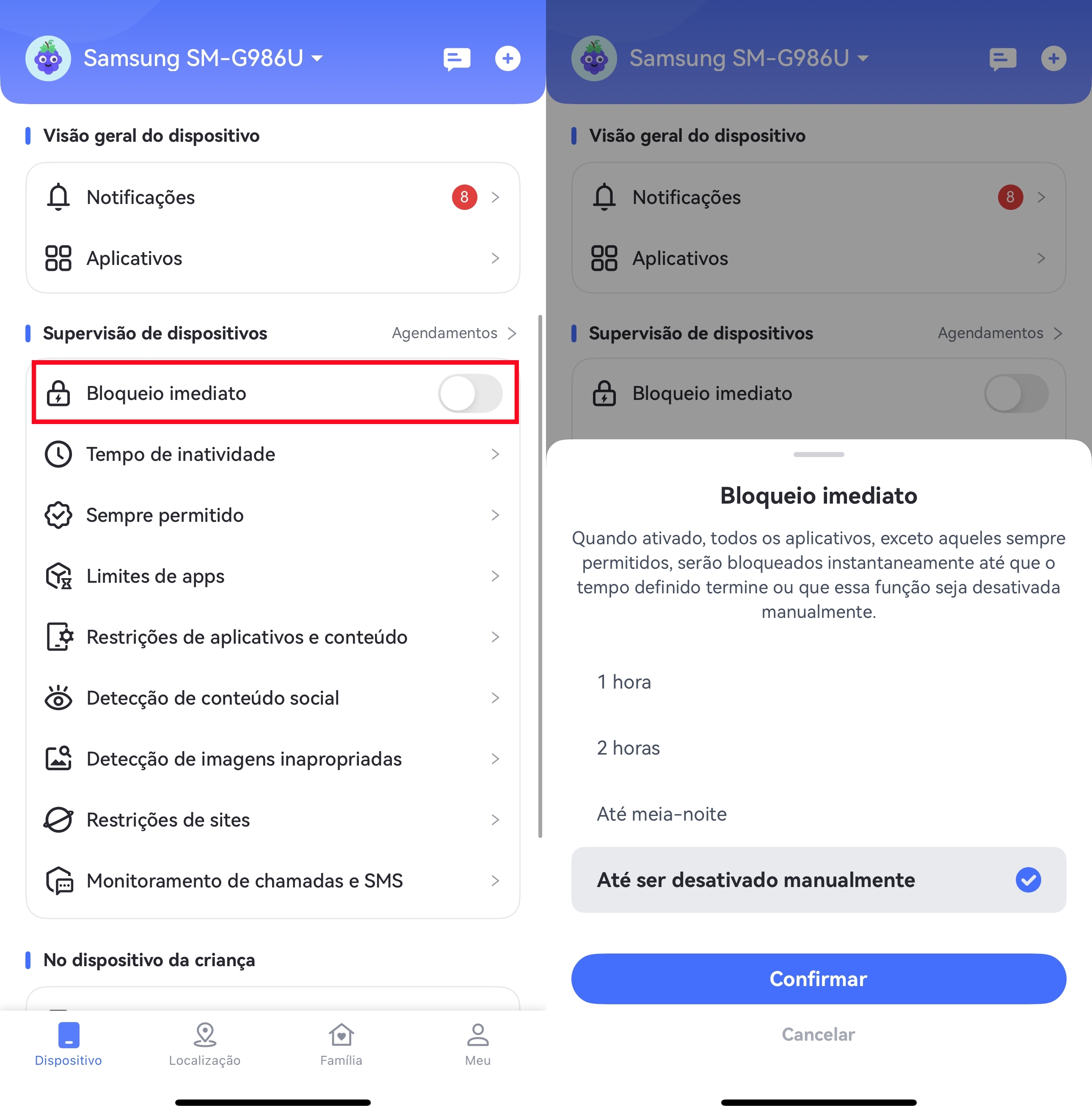 toque em Bloqueio imediato