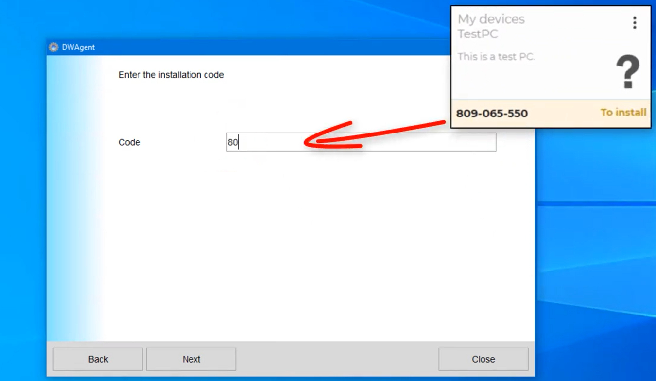 DWService enter installation code