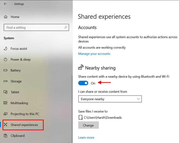 Teilen in der Nähe aktivieren