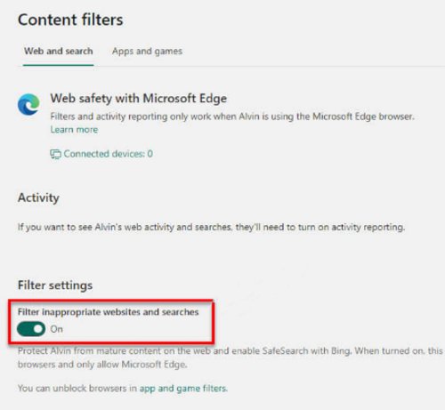 تفعيل فلاتر الويب والبحث