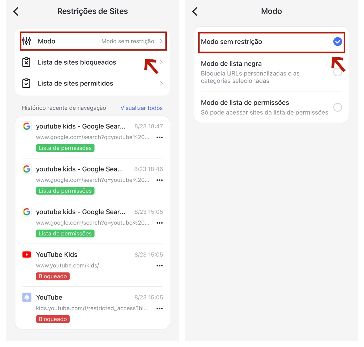 selecione o modo de gerenciamento