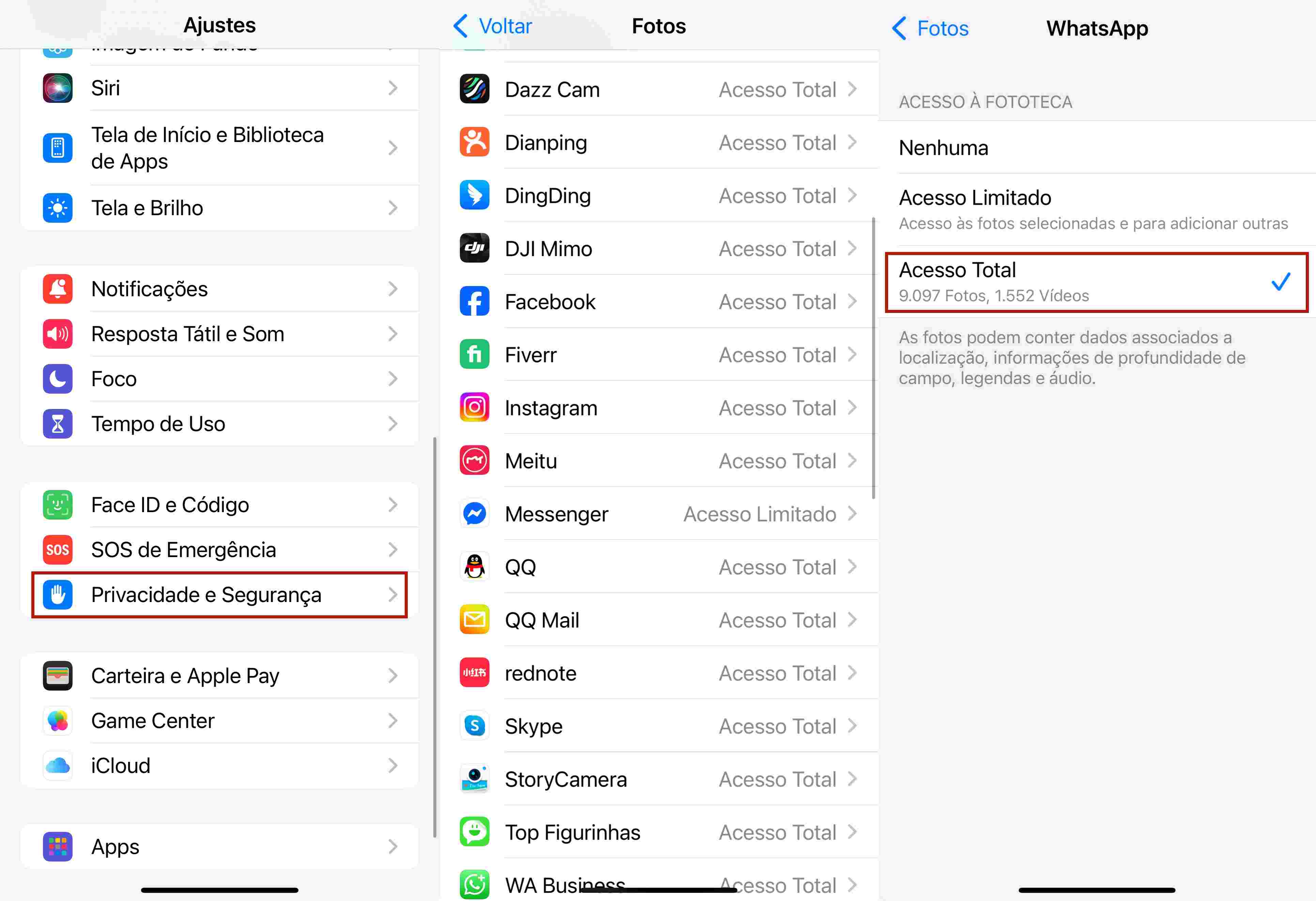Verifique permissões do WhatsApp no iPhone