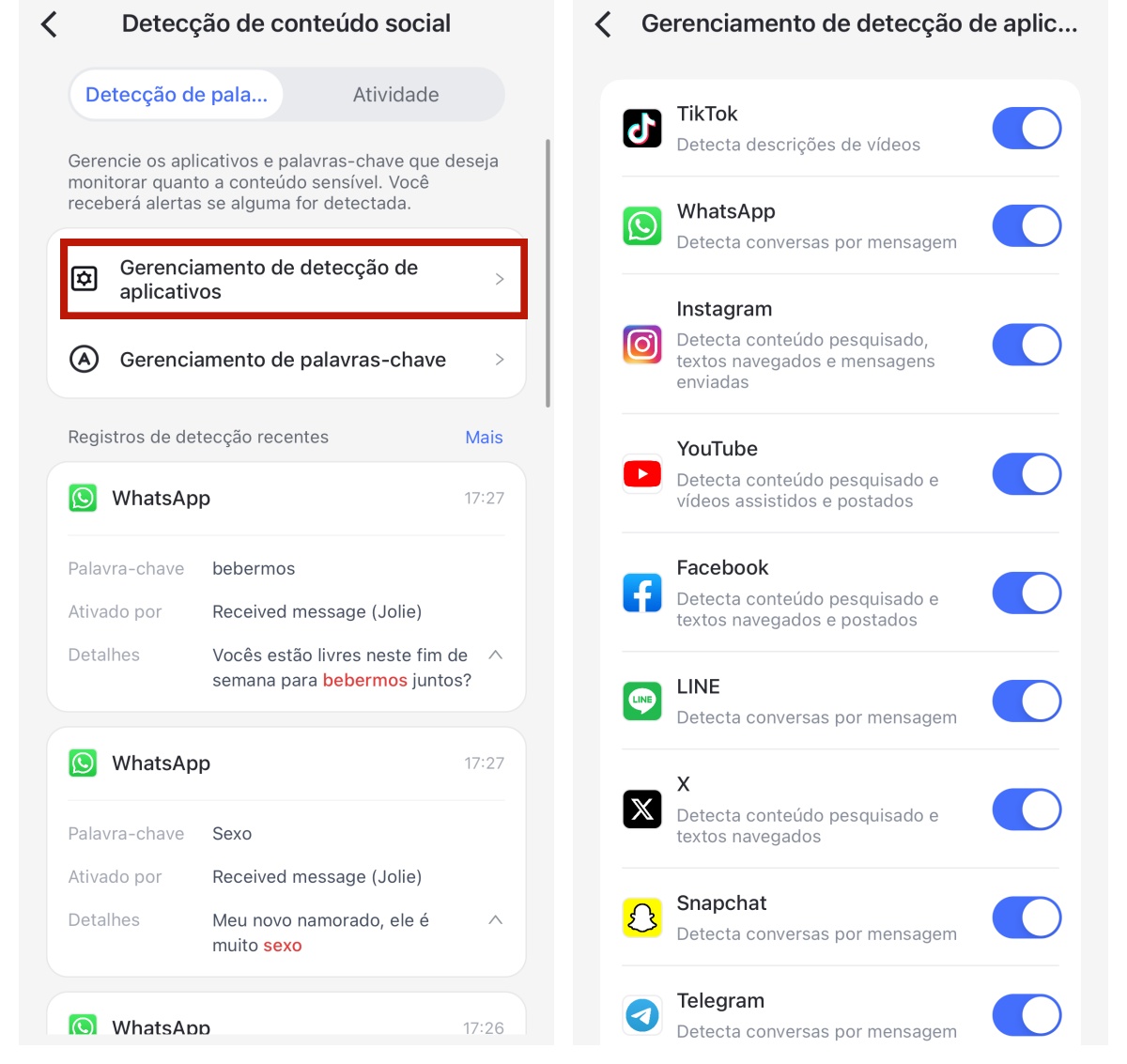 gerenciamento de detecção de aplicativos