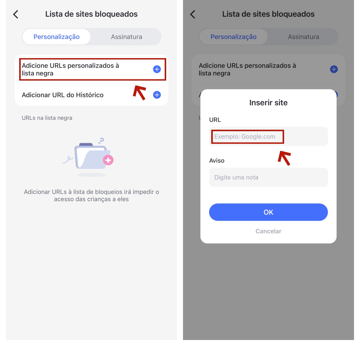 adicione urls à lista de bloqueio