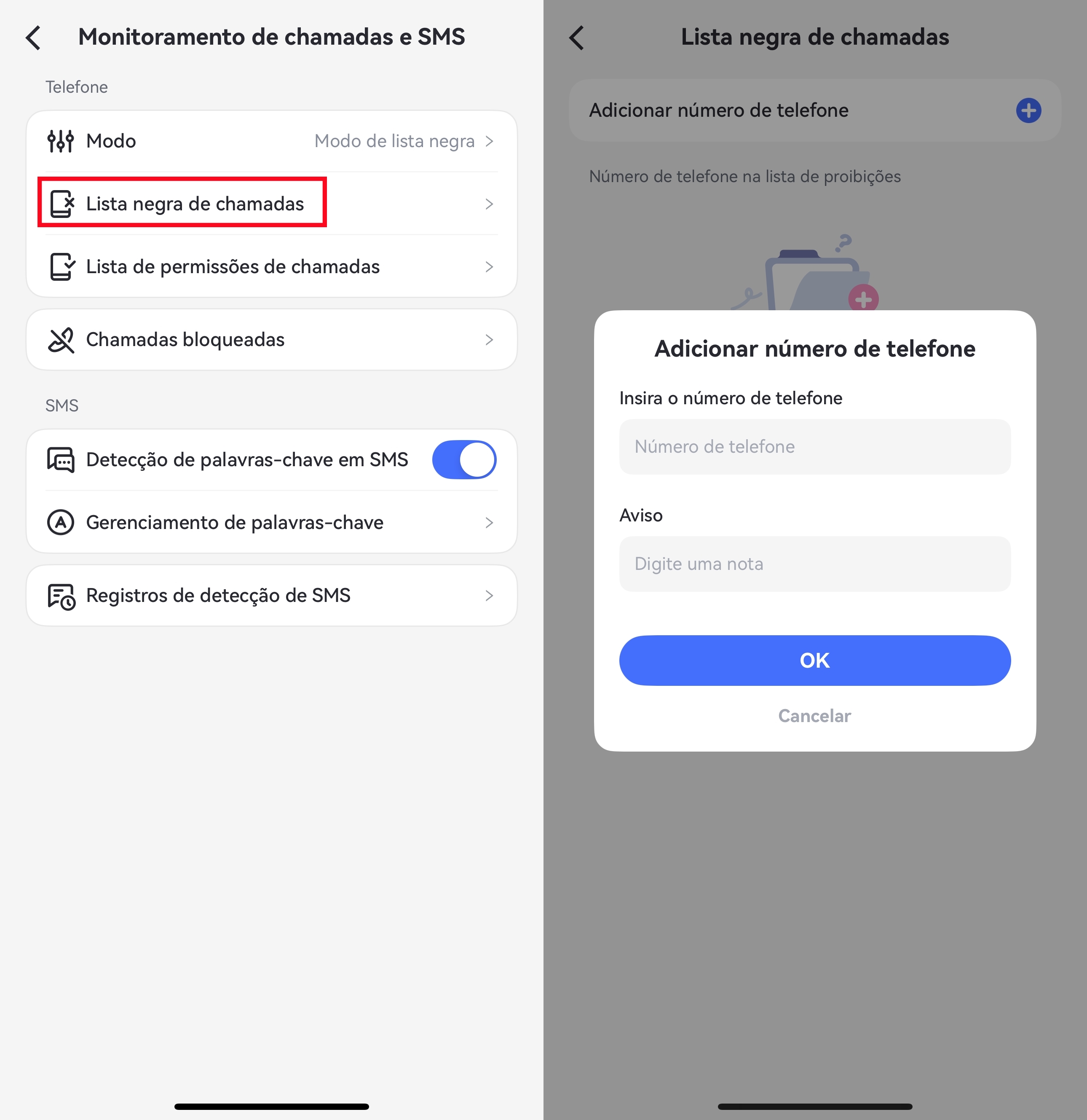 adicione os números de telefone para bloquear