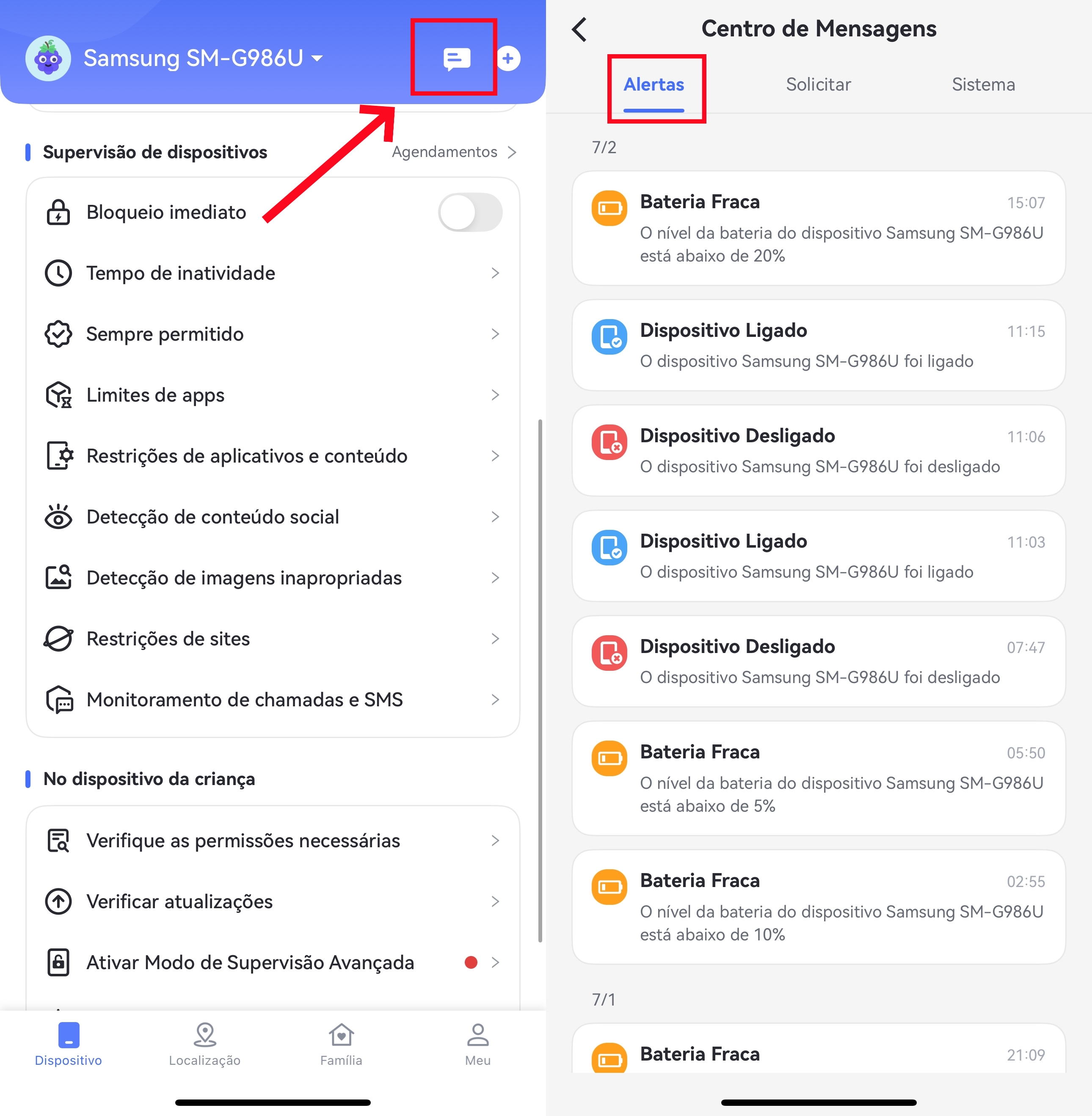 visualizar registros de detecção de SMS do Centro de Chamadas e Mensagens