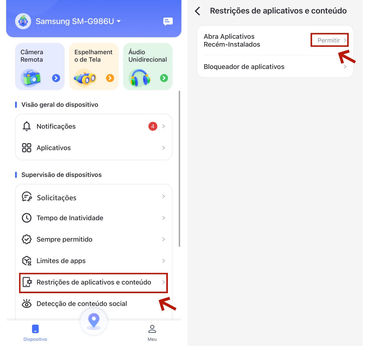 restrições de conteúdo e aplicativo