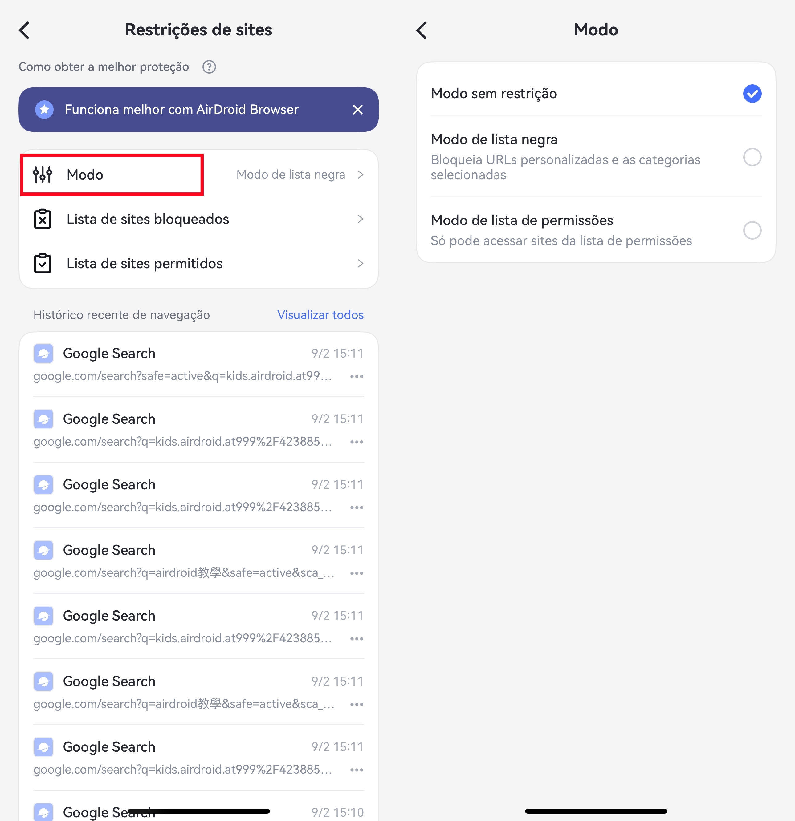 Escolhendo o modo de gerenciamento