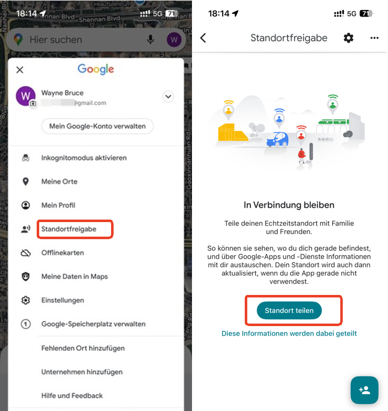 Tippe auf Standortfreigabe im Menü