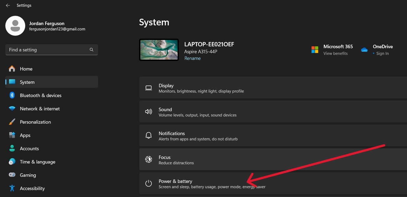 Step 1 Power and battery settings