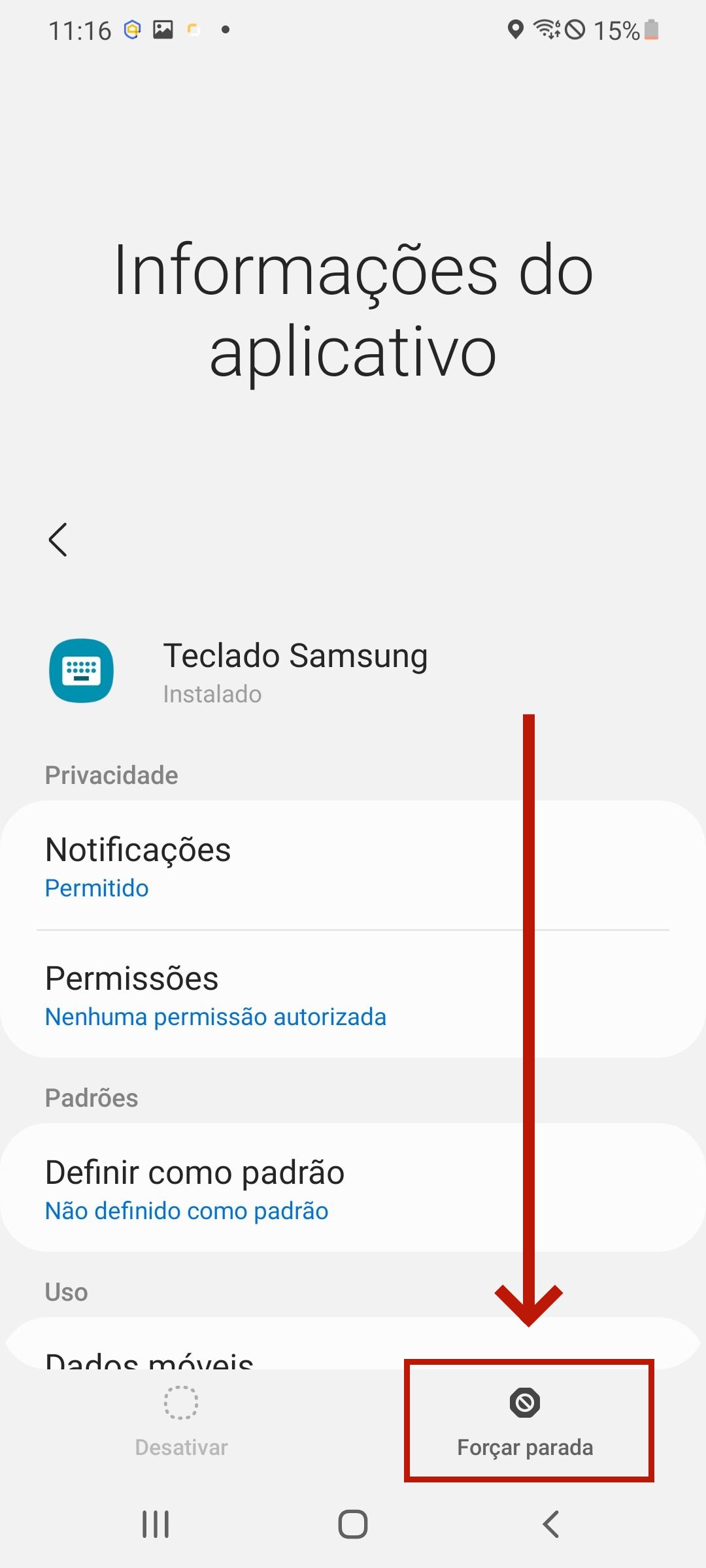 Forçar parada do teclado Samsung