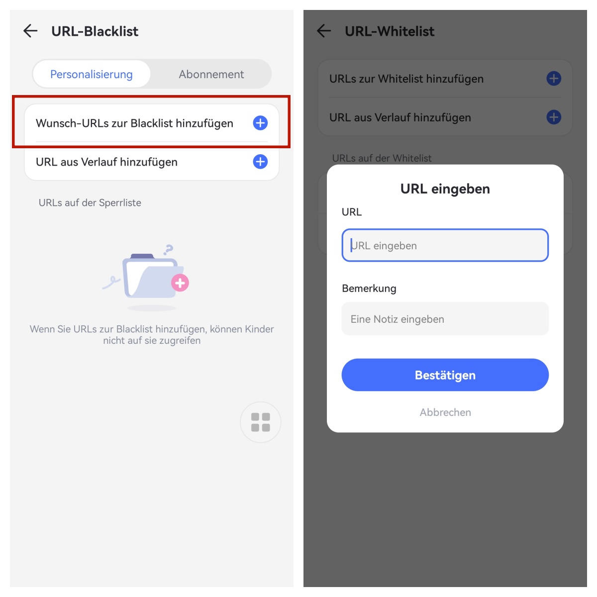 Verwaltung der Blockierungsregeln im AirDroid-Browser