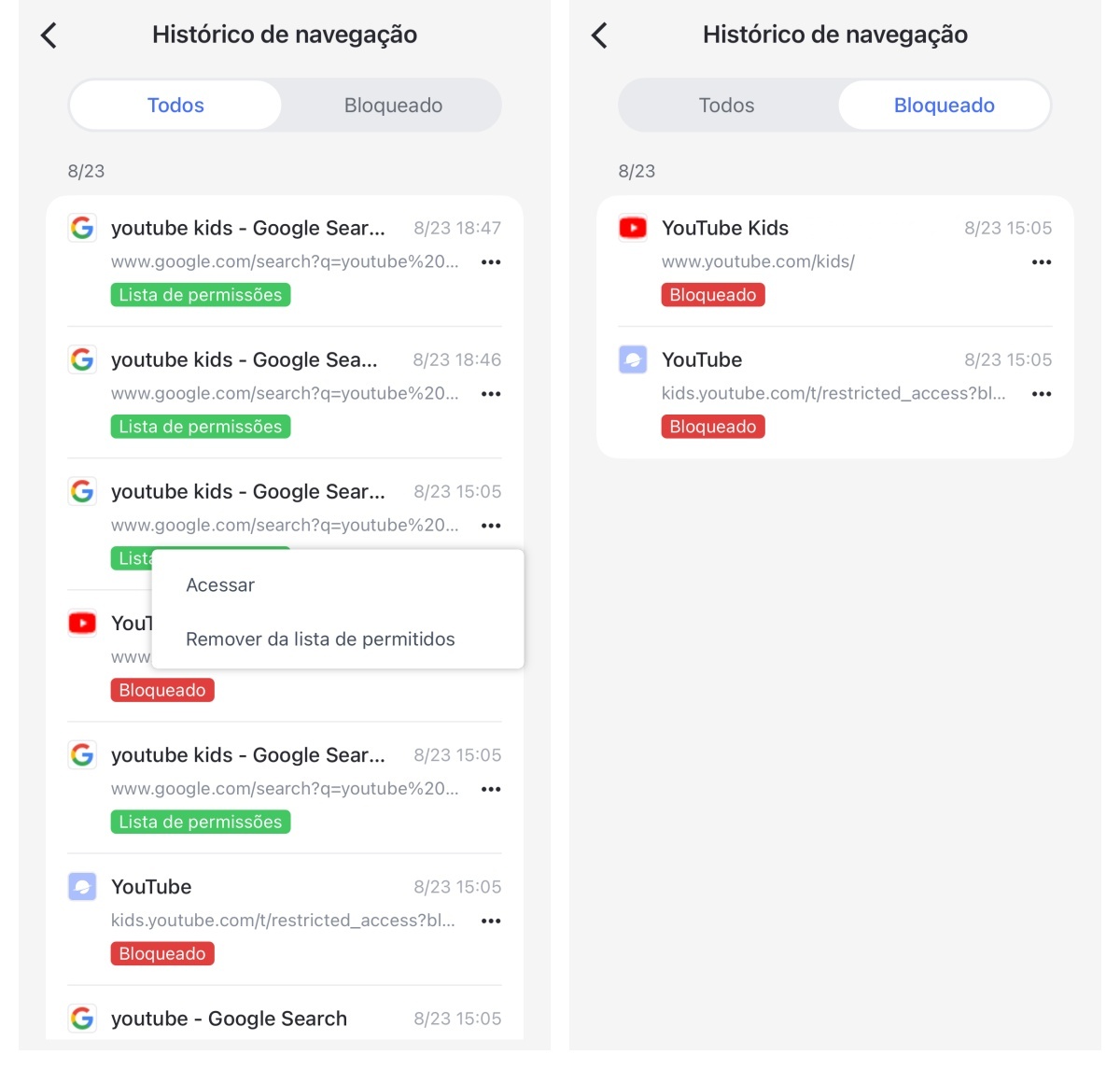 toque em bloqueado para ver os sites bloqueados