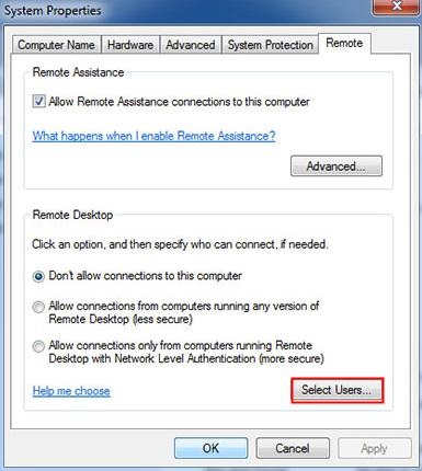 Escritorio remoto de Windows 7 Seleccionar usuarios