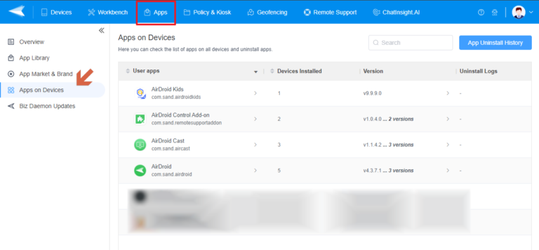 Pasos para utilizar AirDroid Business para desinstalar aplicaciones de forma remota 1 