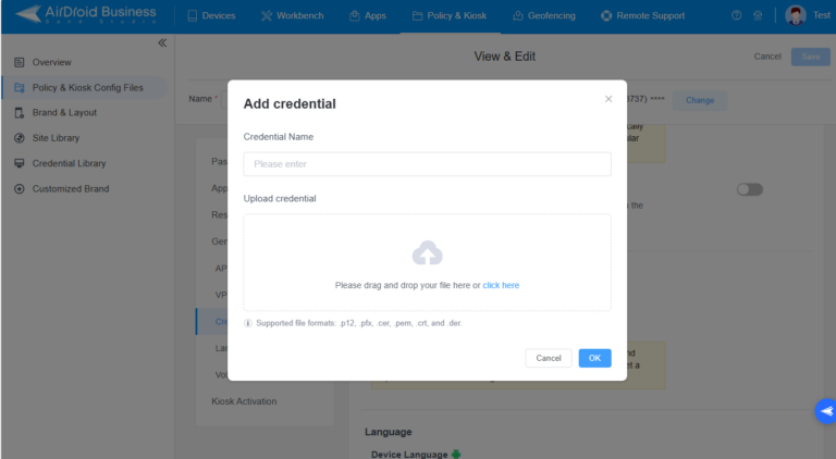 añadir credenciales usando airdroid business