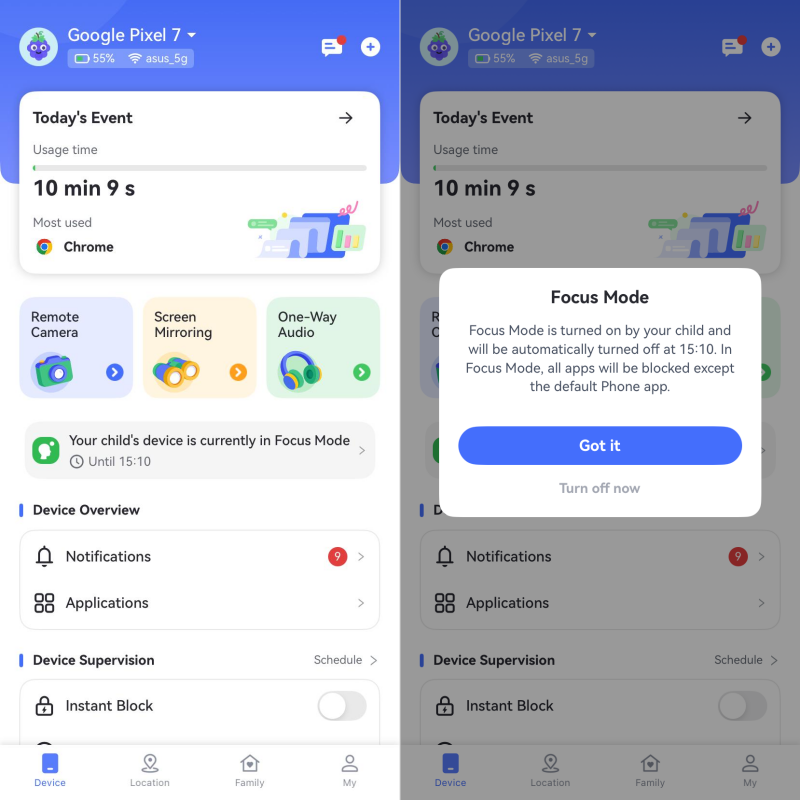manage kid focus mode