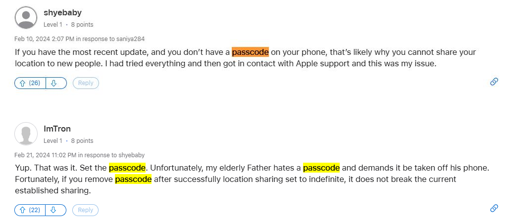 apple community for share location unavailable via passcode