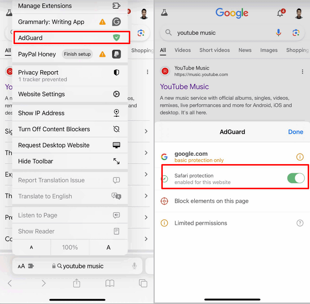 AdGuardを選択し、Safari保護をオフにする