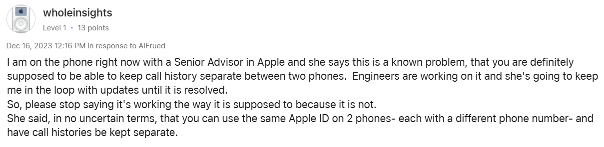 Comentário sobre o histórico de chamadas aparecendo em dispositivos diferentes