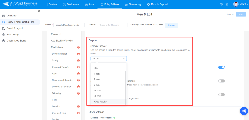 disable screen timeout