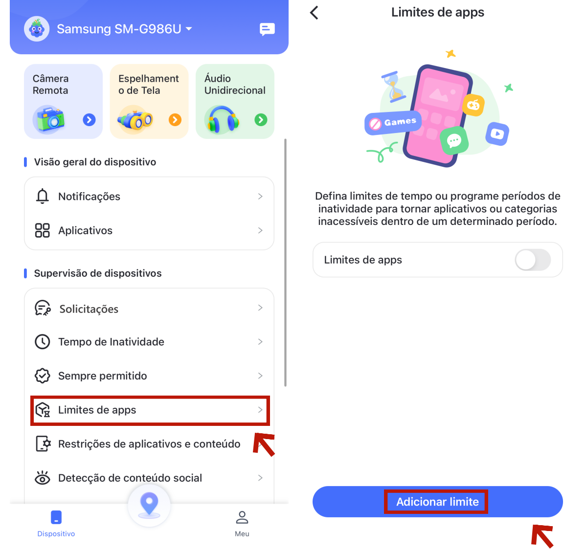 toque em adicionar programação no limite de aplicativos para android